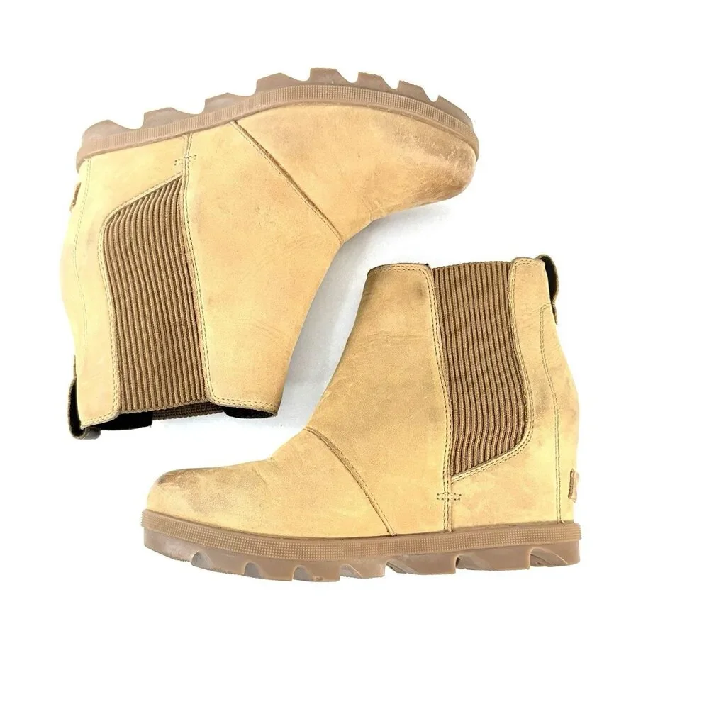 Sorel Boots Womens 7 Joan of Arctic Chelsea Brown Leather Wedge Heels NL3022-224